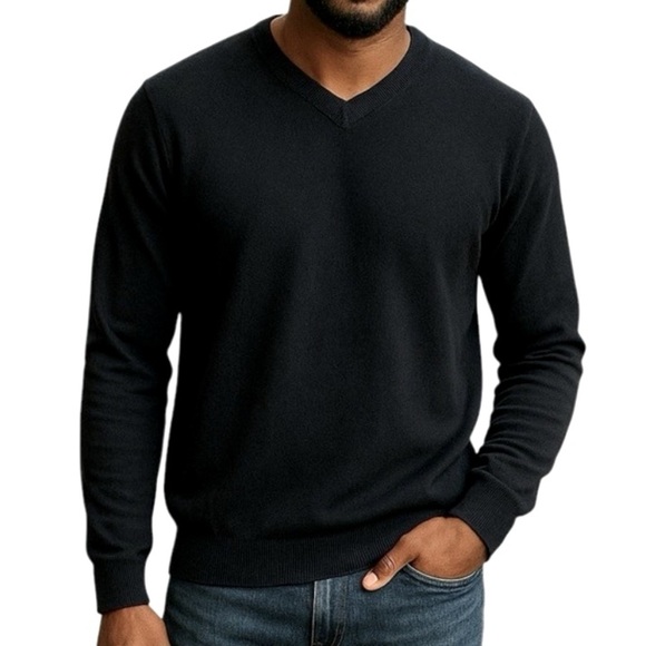 BLACK BROWN 1826 Black Merino Wool V-Neck Sweater Size M - Picture 1 of 13